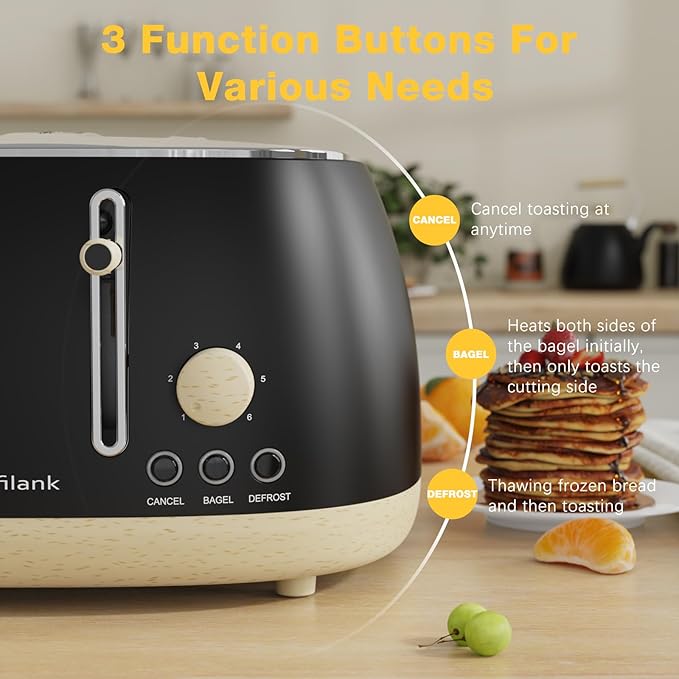 Toaster 4 Slice,Retro Stainless Steel Toaster with Extra Wide Slots, Dual Independent Control Panel, Cancel, Bagel, Defrost Function, Removable Crumb Tray, Matt Black