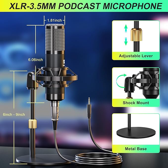 Podcast Microphone Bundle with Live Sound Card Audio Mixer, Podcast Equipment Bundle Sound Board with 3.5mm Condenser Microphone(P15) for Pc/Phone Live Streaming Singing Gaming,Voice Changer, Denoise