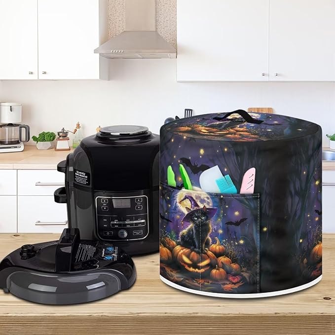 3 Quart Pressure Cooker Dust Cover with Top Handle and Storage Pocket Kitchen Small Appliance Protector Air Fryer Rice Cooker Dust Cover Halloween Moon Night Cat