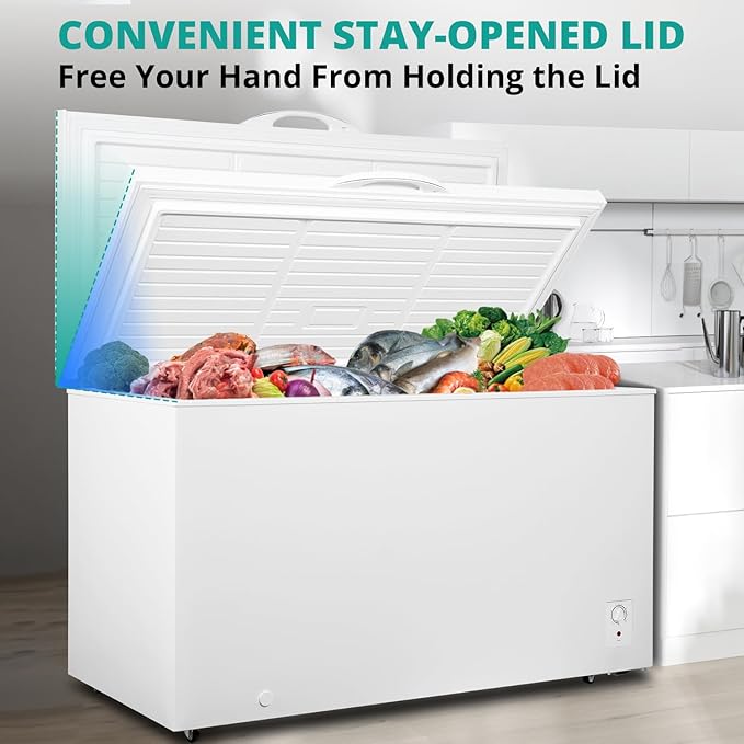 SMETA Deep Freezer 14 Cubic Feet, Chest Freezer Garage Ready, 4 Wheels Large Storage Chest Freezer with 1 Basket, Low Noise, Energy Saving, Thermostat Control for Home, Office, Kitchen, White