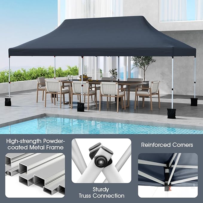 Tangkula 10x20 Ft Pop Up Canopy, Instant Setup Tent with 6 Sandbags, 12 Stakes & 6 Ropes, UPF 50+ Portable Outdoor Canopy Tent with Carrying Bag for Camp, Beach, Patio (Black)