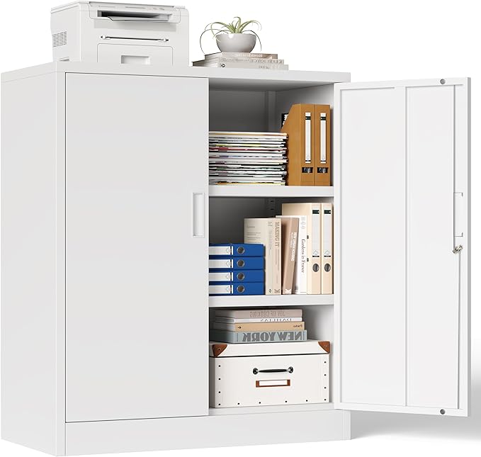 BESFUR Metal Storage Cabinets, Steel Locking Cabinet with 2 Shelves and Doors, White Garage Cabinet for Home Office, School, Garage, Utility Room, and Basement
