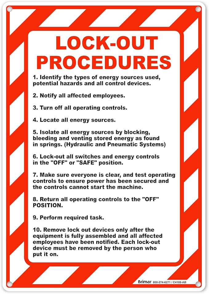 Brimar - 7" x 10" - Lock-Out Procedures Sign - Polyethylene Plastic - Easy Installation - Workplace Safety