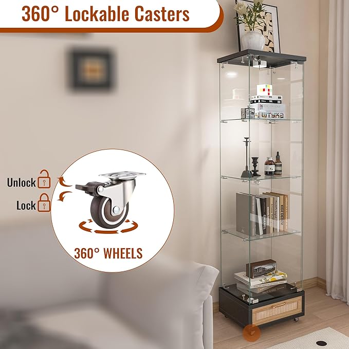 Yoluckea 4 Tiers Glass Display Cabinet with LED Lighting and Drawer, 1 Door Floor Standing Curio Cabinet with Wheel for Home, Office, Corner Display, Black Glass Bookshelf for Collections and Decor