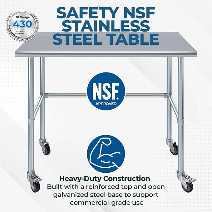 Stainless Steel Work Table Open Base & Wheels | Work Station | Metal Work Bench (Stainless Steel Work Table Open Base + Casters) (60" Long x 30" Deep)
