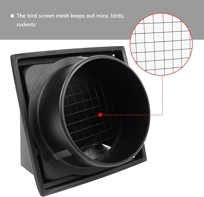 6 Inch Black Dryer Vent Cover Outside Stainless Steel Wall Vent with Removable Cover and Bird Screen Mesh RAL9011