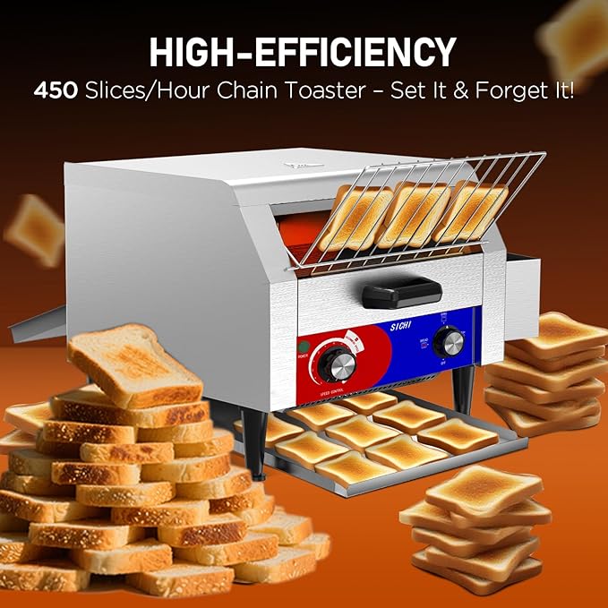 Commercial Conveyor Toaster w/ 3 Slice Wide Slot, 450 Slice/hour Commercial Toaster w/ 14.1’’ Wide and 3‘’ Opening, Industrial Kitchen Cooking bagel w/Stainless Steel and Heavy Duty