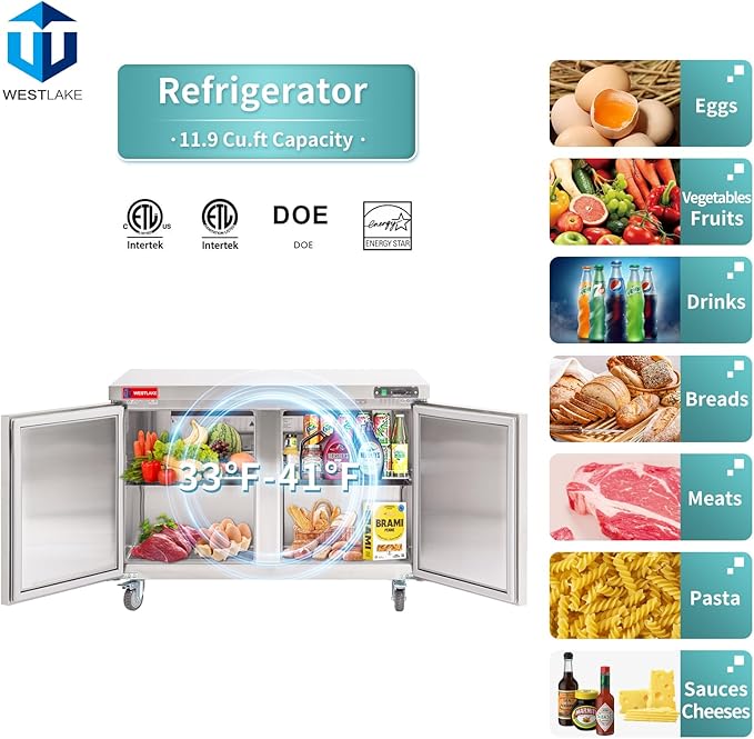 WESTLAKE 48"" W Commercial Refrigerator Worktop Undercounter Refrigerator 12 Cu.ft Double Door Stainless Steel Counter Fan Cooling Refrigerator Food Prep Station for Restaurant, Bar, WKTR-48B