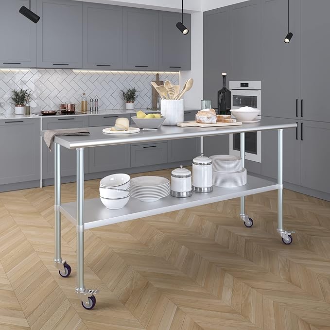 AmGood 72" Long x 24" Deep Stainless Steel Table with Casters