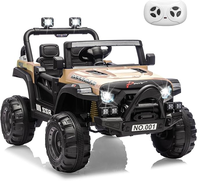 12V Kids Ride on Car, Electric Ride on Truck w/Parent Remote, Spring Suspension, Bluetooth Music, LED Light, 4.1Mph Max Speed, 3 Speeds, Battery Powered Vehicles for Kids Toddler Age 3-8, Khaki