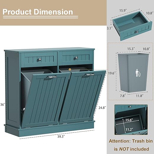 Tilt Out Trash Cabinet with Double Hidden Trash Can Holder, Kitchen Free Standing Recycling Cabinet,Dog Proof Trash Can,Wood, Teal