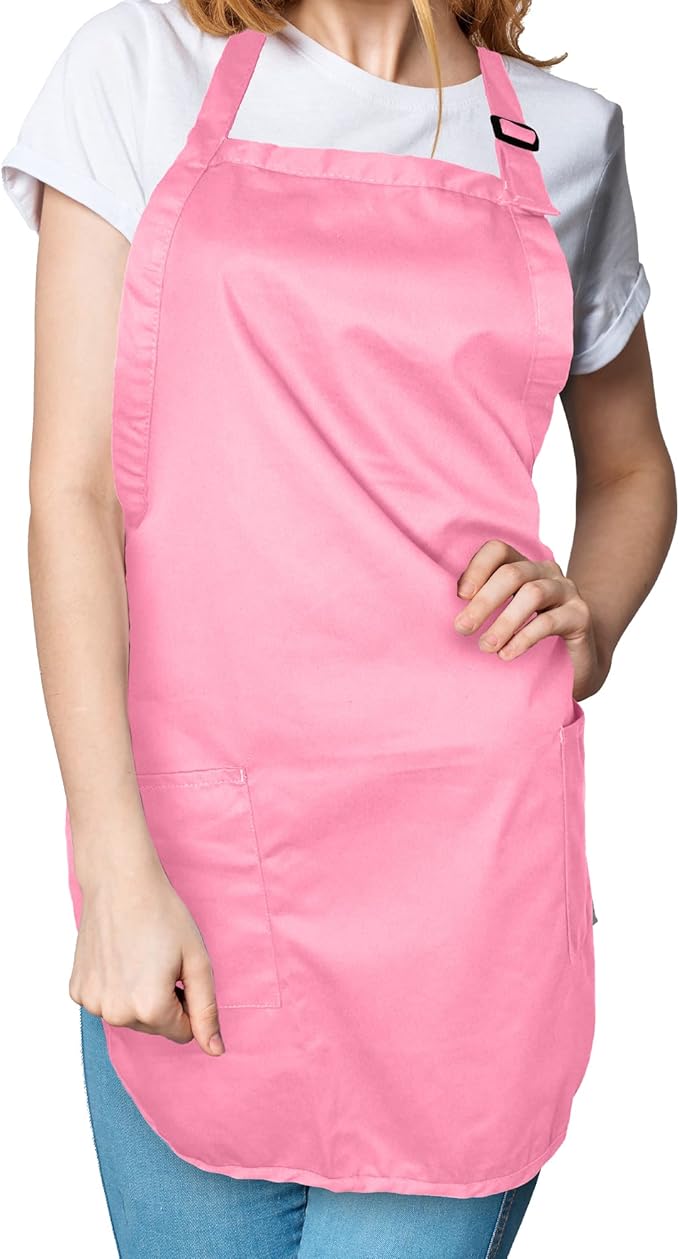 DALIX Apron Commercial Restaurant Home Bib Spun Poly Cotton Kitchen Aprons (2 Pockets) in Pink