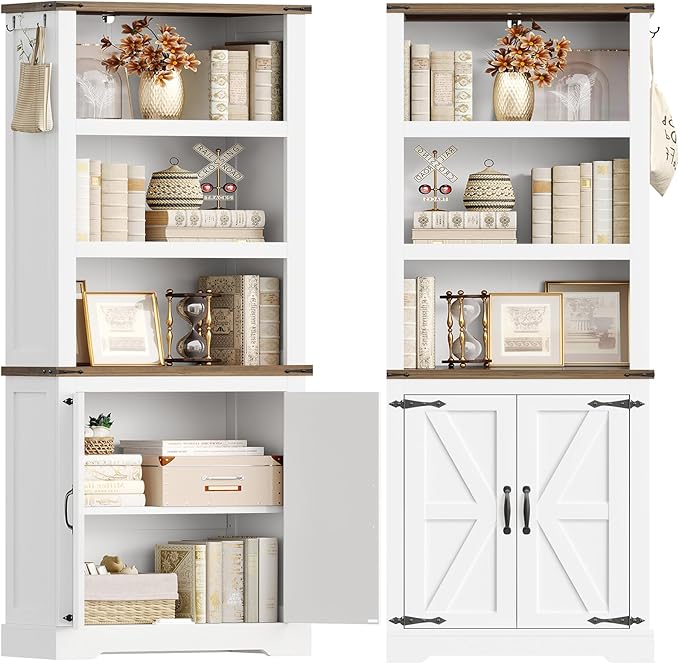 TEENFON 70.9in Tall Storage Cabinet with Adjustable Shelves, 5-Tier Bookshelf with Barn Doors, White Farmhouse Wood Bookcase for Living Room, Bedroom
