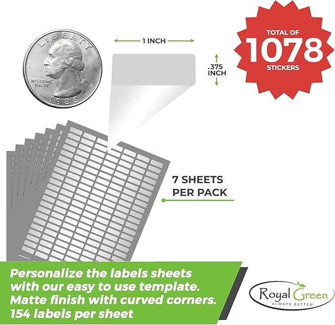 Metallic Labels Printable Sticker Paper Sheets for Printers in Metallic Silver, Small Printing Labels 1 inch x 0.375 inch for Laser Printers with Template Included, 7 Full Sheets - 1078 Pack