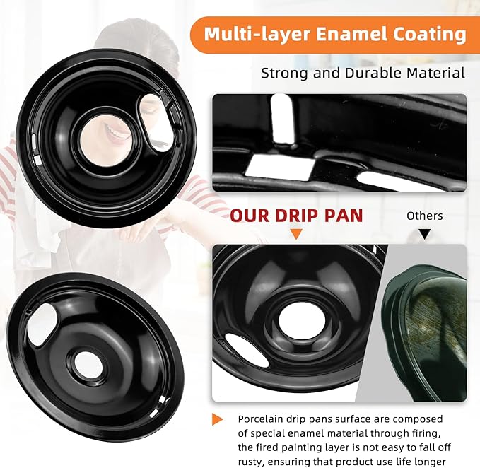 Porcelain Drip Pans and Electric Stove Top Burner Replacement for Whirl-pool Frigi-daire Ama-na Stove/Range/Oven, 2×8" 2×6" Stove Burner and Burner Drip Pans W10290350 W10290353 by Fetechmate - 1 Year