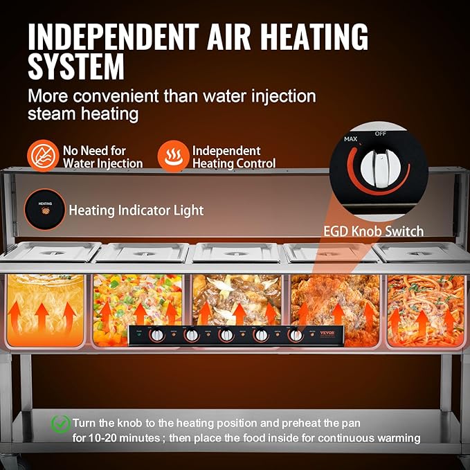 VEVOR 5-Pan Commercial Food Warmer, 5 x 20.6QT Electric Steam Table, 3750W Professional Buffet Catering Food Warmer with Acrylic Sneeze Guard, Food Grade Stainless Steel Server for Party Restaurant