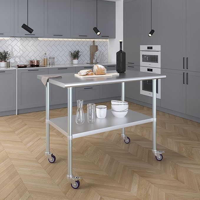 AmGood 48" Long x 30" Deep Stainless Steel Table with Casters