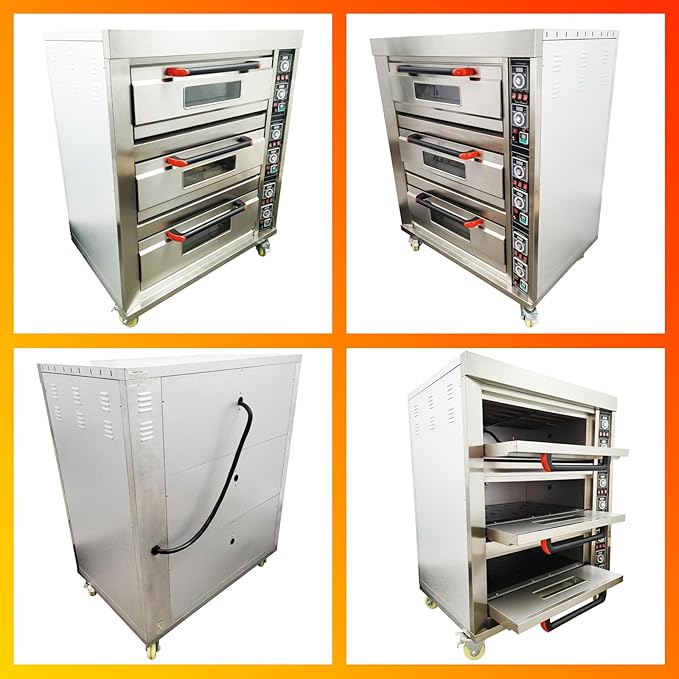 TECHTONGDA Commercial Convection Oven Stainless Steel Electric Triple Deck Pizza Oven with Universal Wheels Three-phase 208V 19800Watt for Restaurant Kitchen Bakery