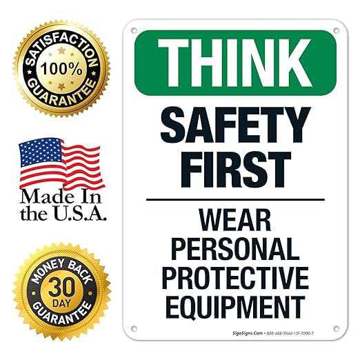 Think Safety First Wear Personal Protective Equipment Sign, 10x7 Inches, 55 mil Thick HDPS (high Density polystyrene), Made in USA by Sigo Signs