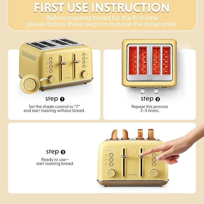 BUYDEEM DT640 Retro 4 Slice Toaster, 7 Shade Settings, Extra Wide 1.5'' Slots, Stainless Steel Toaster with Bagel Muffin Defrost Reheat Function, Yellow