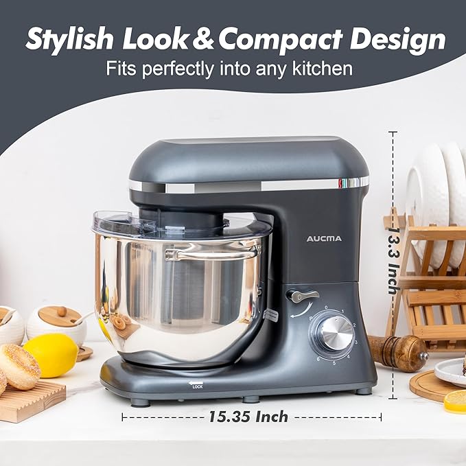 Aucma Stand Mixer,8QT 900W Tilt-Head Food Mixer, Kitchen Electric Mixer with Dough Hook, Wire Whip & Beater (Gray, 8QT)