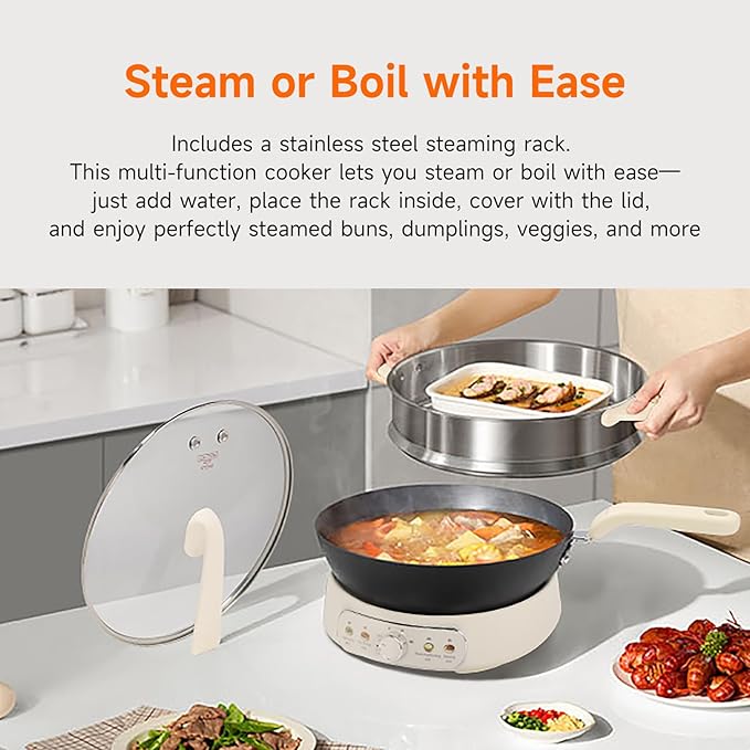 Joydeem 5Qt Electric Skillet, Pure Iron Nonstick Frying Pan with Glass Lid & Steamer Rack, 1600W 3-Level Heat Control, Removable Pot, Family-Sized Cooker for Boil Steam Sauté, 11.81inch