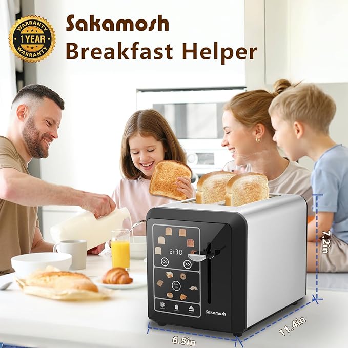 Touch Screen Toaster 2 Slice, Smart Digital Toasters, 6 Browning Levels & 6 Bread Types, Bagel Memory Function, Timer, Stainless Steel, 800W