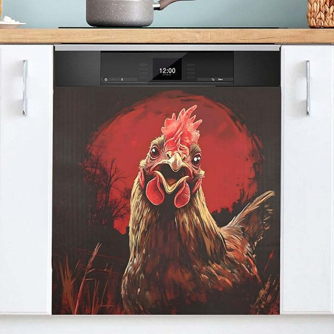 Rooster Face Oil Painting Dishwasher Magnet Cover Magnet Sticker for Kitchen 23x26in Dish Washer Magnet Cover Refrigerator Magnets Panel Decal Pad