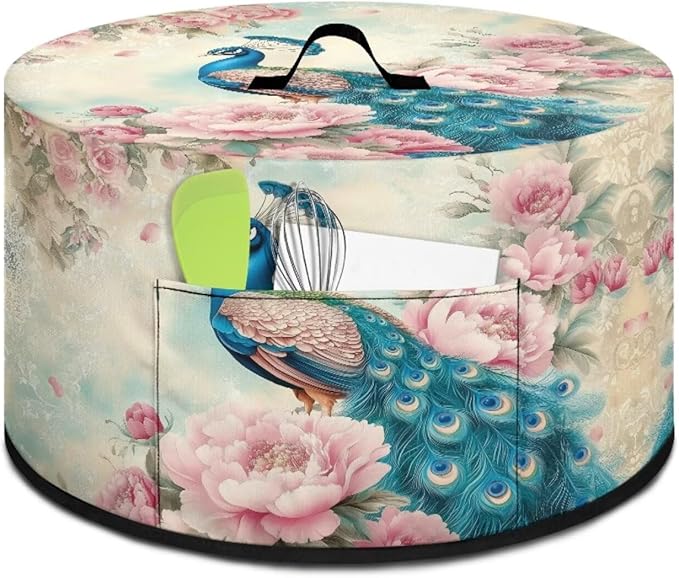 Peacock Peony Flower Vintage Print Slow Cooker Dust Cover with Storage Pocket and Handle Easy to Use Kitchen Appliances Accessory Rice Cooker Cover Fit Most 6/7/8 Quart Air Fryer