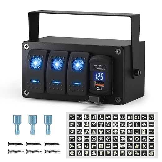 Joinfworld 3 Gang Marine Rocker Switch Panel 12V Rocker Switch Box SPST ON/Off with Dual USB Outlet PD Type C & QC 3.0 Car USB Port and LED Voltmeter for Boat Marine Automotive Car Truck RV UTV