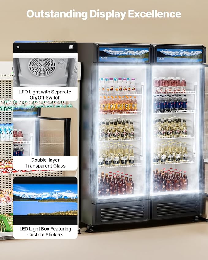VEVOR Commercial Merchandiser Refrigerator, 13.3 CU.FT Glass Door Display Refrigerator, Beverage Cooler Merchandiser with Adjustable Shelves, Soft LED Light, Customizable Lightbox, Black