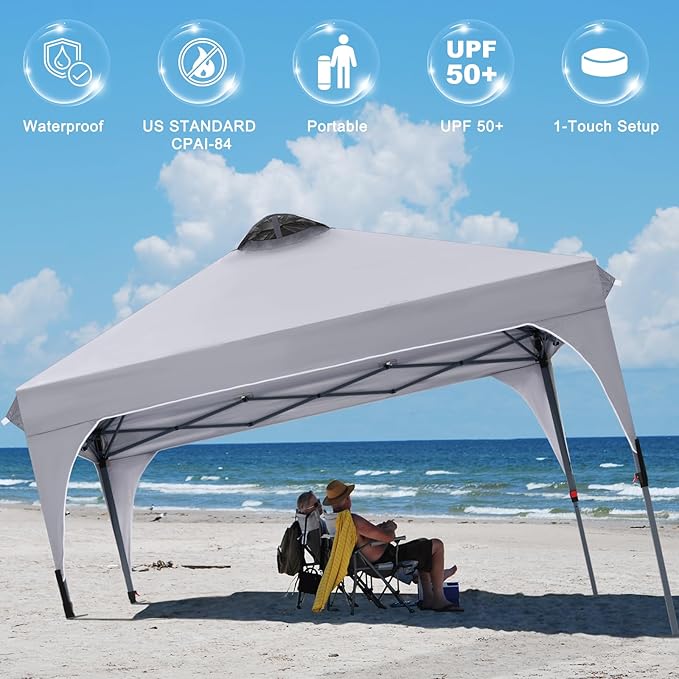 COOSHADE Pop Up Canopy Tent, 8x8 Easy Setup Instant Canopy Sun Shelter Beach Tent, Portable Sports, Grey
