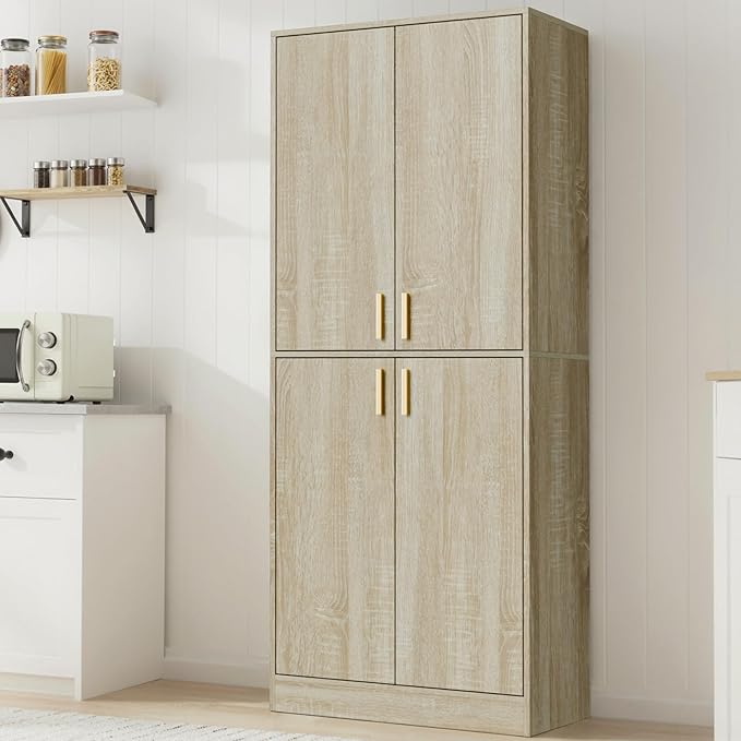 Cozy Castle Kitchen Pantry Cabinet, 71" Tall Wood Storage Cabinet with Doors and Shelves 4 Doors Freestanding Cupboard for Dining Room Living Room Bathroom Furniture, Whitewashed Oak