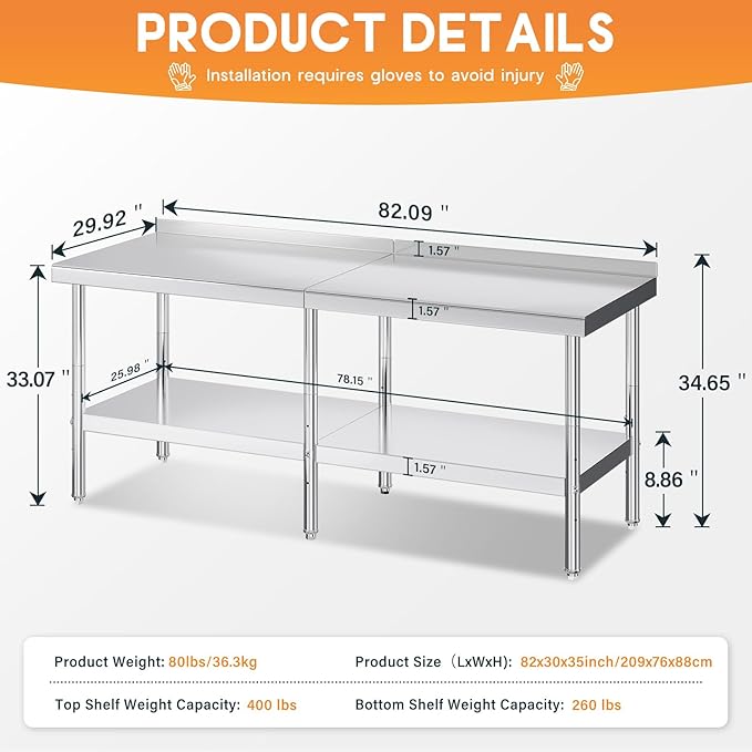Jocisland 30" x 82" Stainless Steel Table for Prep & Work with Backsplash, Adjustable Under Shelf & Safe Design for Restaurant, Home and Outdoor