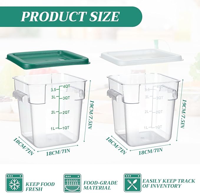 Lallisa 8 Pack 4 Qt Clear Food Storage Container with Handles and Lid Commercial Grade Square Food Containers with Lids Polycarbonate Storage Container for Home Kitchen Restaurant (White and Green)