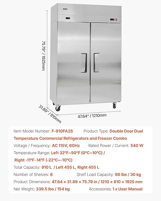 VEVOR Commercial Refrigerator and Freezer Combo 48" W, 32 Cu.Ft Stainless Steel Upright Refrigerator/Freezer with Double Doors, Auto-Defrost, 6 Adjustable Shelves, UL Certified