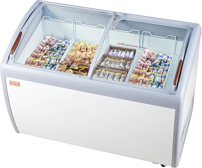 VEVOR Commercial Ice Cream Display Case, 12.8 Cu.ft Chest Freezer, Mobile Glass Top Deep Freezer, Restaurant Gelato Dipping Cabinet with 4 Wire Baskets, 2 Sliding Glass Doosr, Locking Casters, White