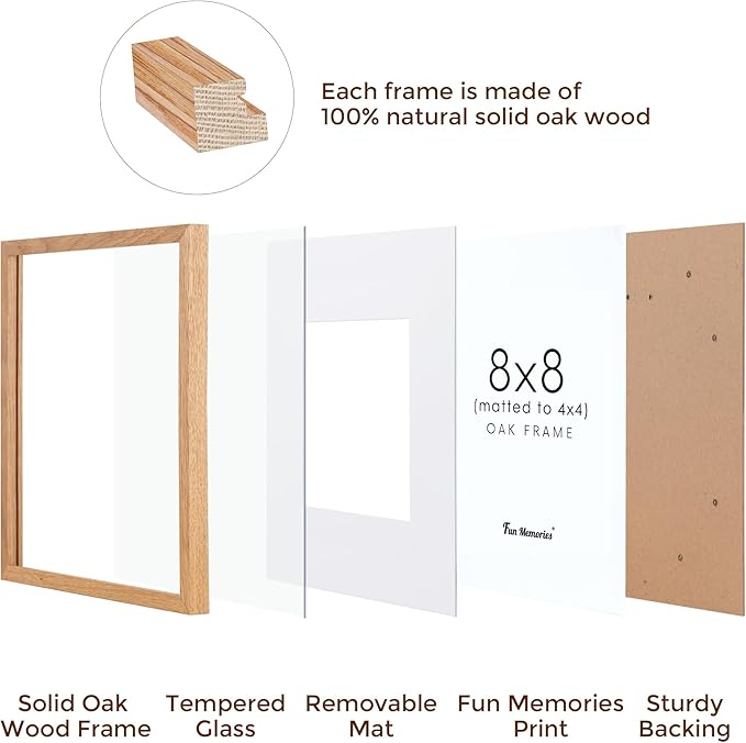 Fun Memories 8x8 Picture Frame, Solid Oak Wood 8 x 8 Picture Frames Matted to 4 x 4,Square 8 x 8 Wood Frame with Tempered Real Glass, Rustic 8x8 Photo Frame for Wall & Tabletop Display