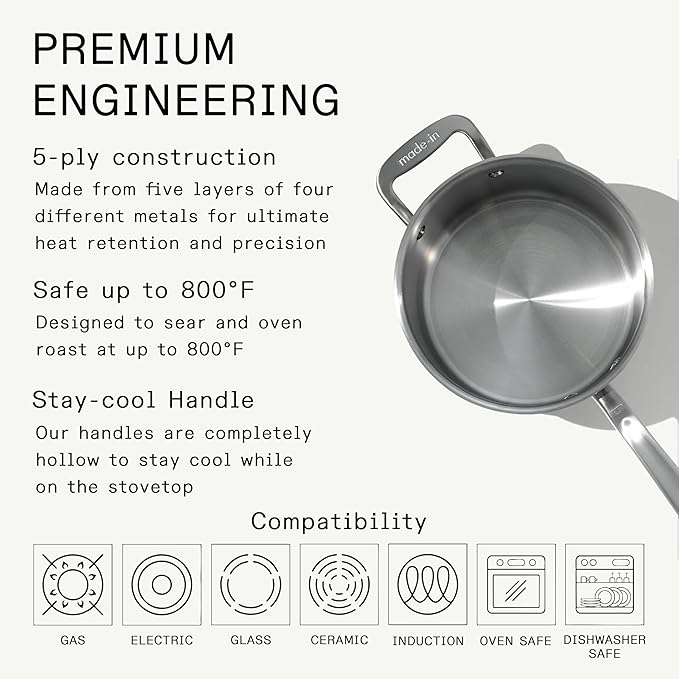 Made In Cookware - 4 Quart Stainless Steel Saucepan with Lid - 5 Ply Stainless Clad Sauce Pan - Professional Cookware - Crafted in Italy - Induction Compatible