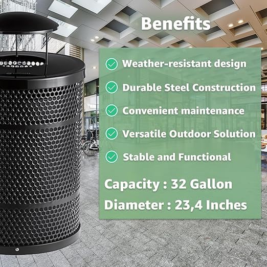 32 Gallon Perforated Recycle Container with Rain Bonnet Lid, Steel Outdoor Heavy-Duty Commercial Trash Can, Black Round Waste Bin, Durable Garbage Can for Municipalities, Schools, Parks, Parking