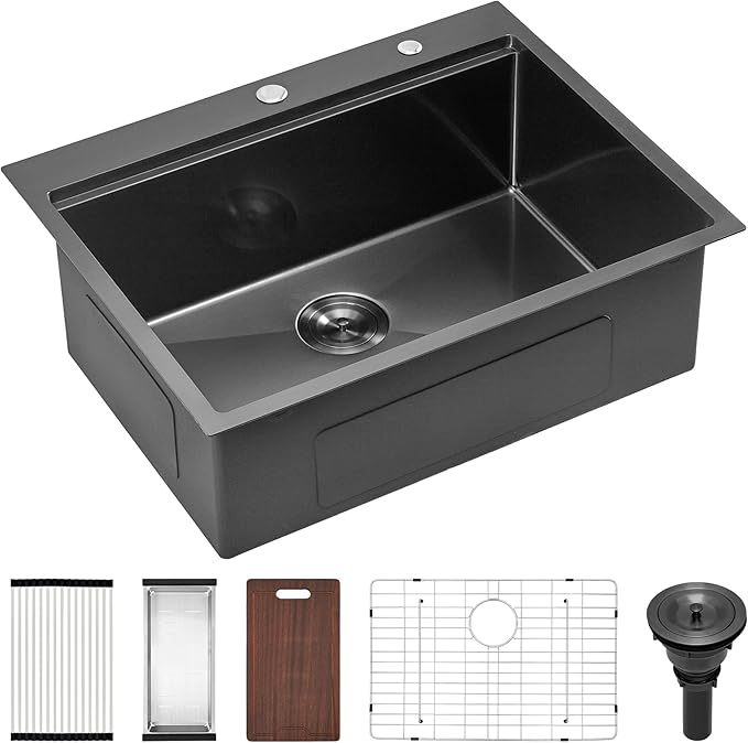 Scamall 28x22x10 Drop In Kitchen Sink Workstation, Nano Black 304 Stainless Steel Deep Single Bowl with Quick Drainage & Tarnish-Free Surface for Bar, Laundry, RV, Includes Accessories