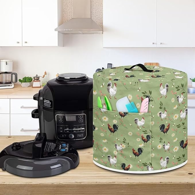 Air Fryer Dust Cover Compatible with 3 Quart Dust Protection Insulated Kitchen Appliance Cover with Top Handle & Pockets for Home Decoration, Rooster Daisy Floral Green