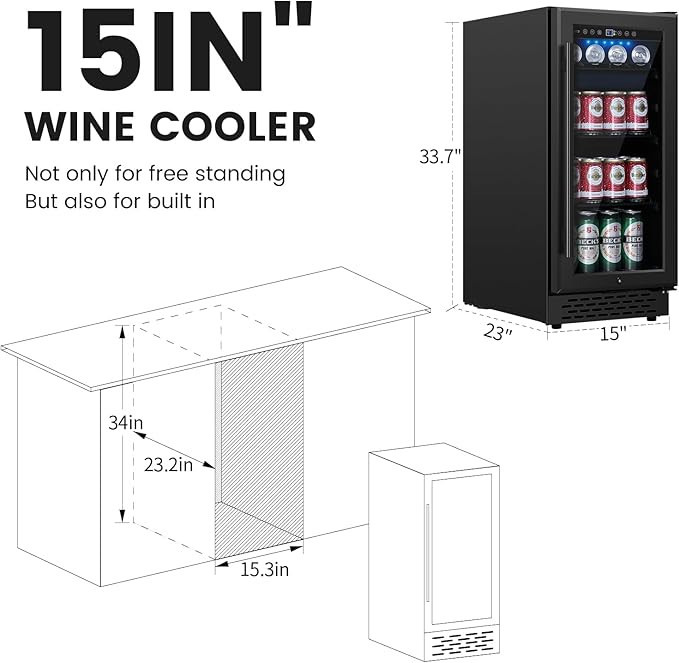 15 Inch Black Beverage Refrigerator Under Counter, 130 Cans Built-in/Freestanding Beverage Cooler, Mini Bar Fridge with Double Tempered Glass Door&Lock, Beverage Fridge for Drink Beer Soda Wine