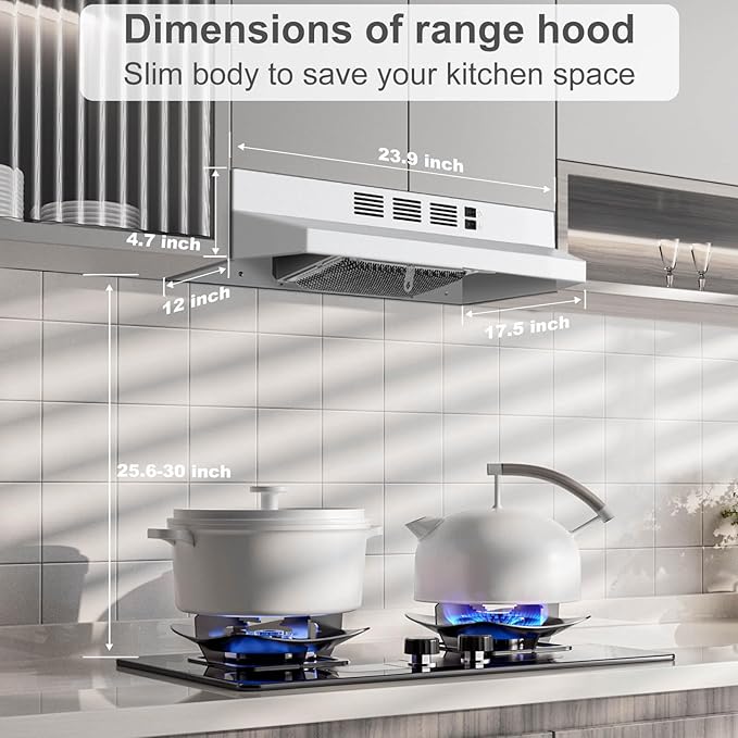 SNDOAS 24 inch Range Hood,230 CFM Under Cabinet Range Hood White,Hard Wired Ductless Range Hood Convertible Ducted,White Spray Painting Stainless Kitchen Hood with 2-Speed Fan,Rocker Switch