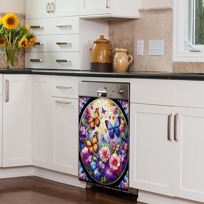 Dishwasher Magnet Cover Spring Butterfly Flower Front Dishwasher Cover Decoration Reusable Magnetic Door Cover Panel Decal Home Appliances Stickers Kitchen Refrigerator Fridge 23"x26"