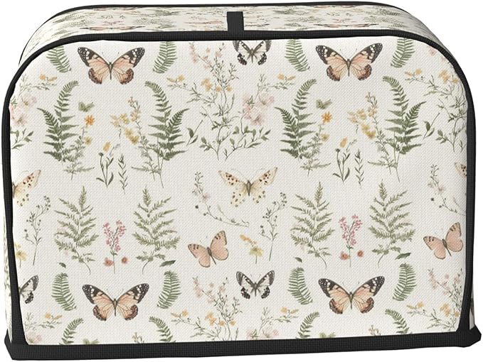 2 Slice Toaster Cover for Kitchen Botanical Wildflower Leaf Butterfly Waterproof Dustproof Toaster Dust Cover with Side Pockets Decorative Universal Cover for Wide Slot Toasters Small Appliances