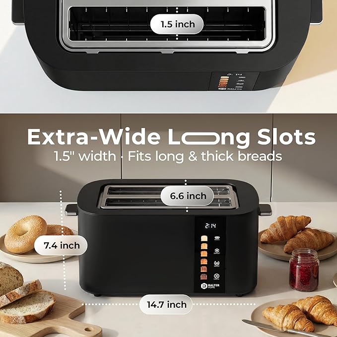 Toaster 4 Slice Wide Slot, Bagel Function, Long Slot, Stainless Steel, Touch Screen, Built-in Rack, Extra-Wide 1.5" Slots for Thick Breads & Bagel, Timer, BPA-Free, Removable Tray, Black