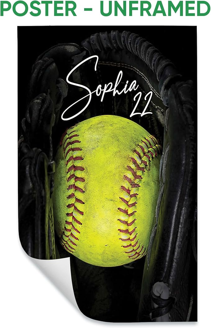 Custom Softball Ball Black Glove Sports Gift For Girls Players Personalized Name Number Poster & Framed Canvas, Wall Art Home Office Decoration Living Room Bedroom Aesthetic Decor
