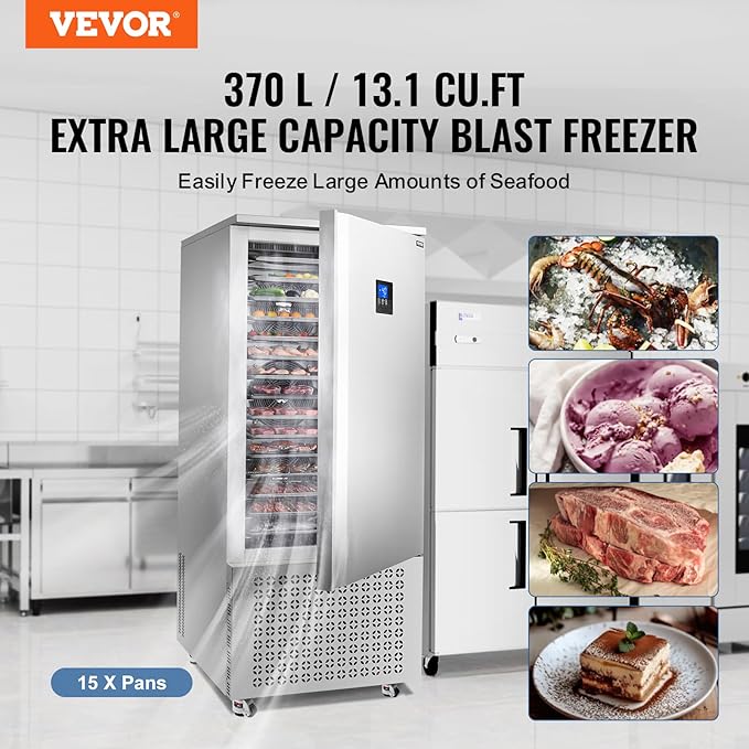 VEVOR 370 L Blast Chiller, 15 Trays Commercial Large Flash Freezers, <-31~68°F> 4 Modes Shock Frozen, 304 Stainless Steel Flash Freezer, Blast Chillers with Caster for Bakery, Restaurant Kitchen
