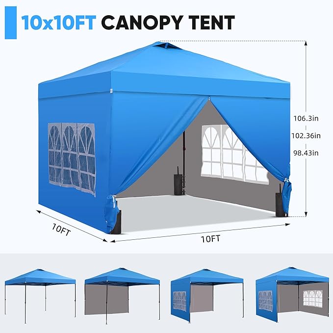 Saemoza 10x10 Pop Up Canopy Tent with One Push Setup, Portable Sun Shade Tent, Instant Easy Up Canopy with 4-Sidewalls & Handbag, Outdoor Fldable Gazebo with Vent Top, Blue.